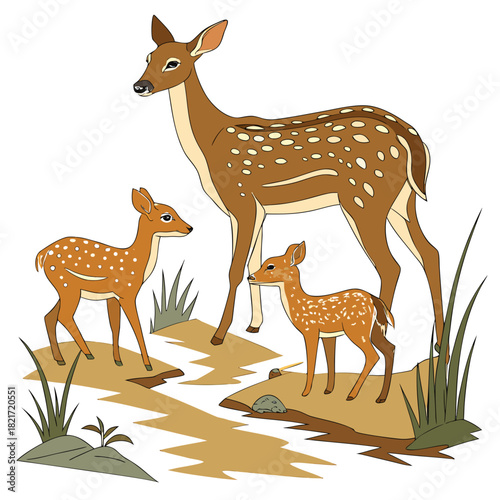 A mother deer with two spotted fawns standing together in a natural landscape with grass and rocks