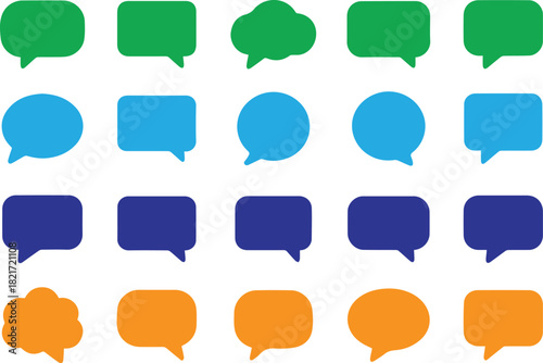 Collection of various speech bubble and chat icon shapes with rounded corners and different tail positions, isolated on white background for graphic design