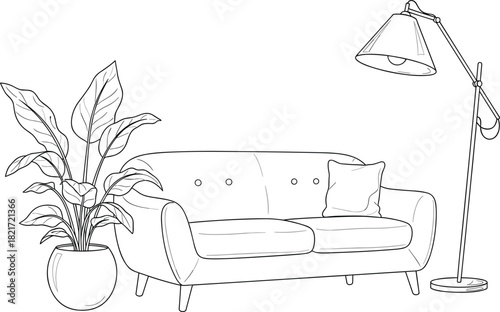 Living Room Furniture Line Art with Couch, Lamp and Foliage.
