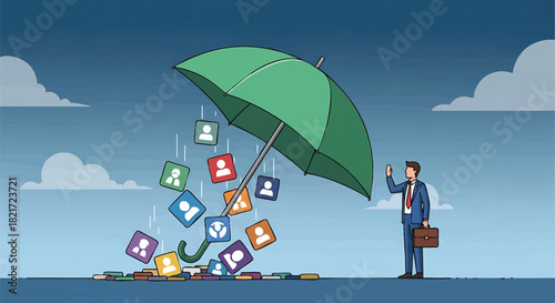 Businessman protecting social media users with an umbrella from data breaches and privacy concerns in the digital age showcasing security and trust concept