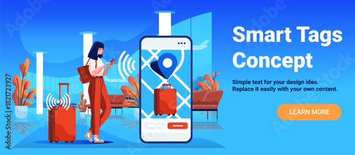 Smart tags luggage tracking airport woman using smartphone suitcase location mobile app interface digital blue background