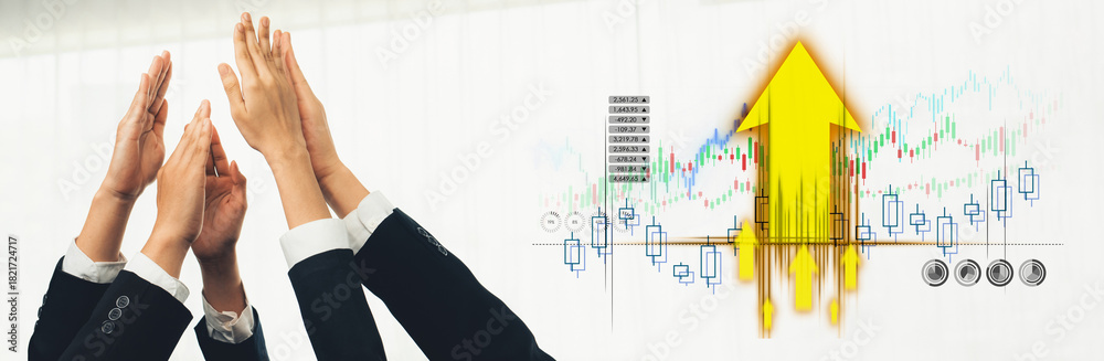 Naklejka premium A dynamic scene depicting business professionals raising their hands in celebration, surrounded by stock market visuals, symbolizing hope and financial success. Trope