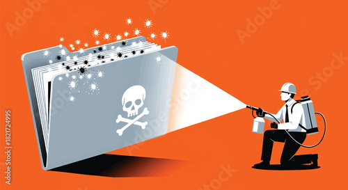 Data Security Threat Removal with Professional Disinfectant Vector Illustration and Folder with Viruses Danger Sign for Virus Protection Concept and Cyber Security