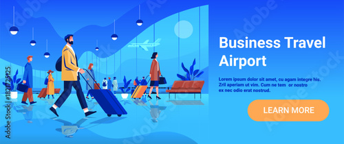 Business travel airport people walking luggage airplane modern terminal blue interior waiting area plants large windows website banner