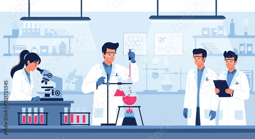 Diverse Team of Scientists Conducting Research in Modern Laboratory Setting with Advanced Equipment and Chemical Compounds Analysis for Innovation and Scientific Discovery