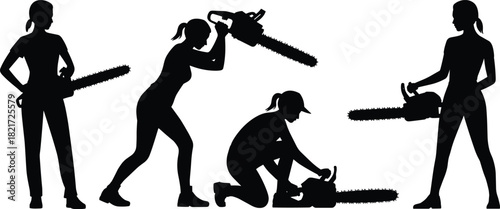 Chainsaw silhouettes, women in action, manual labor, forestry pose, black outline, empowerment gesture, tool handling, posture study, motion reference, gender strength