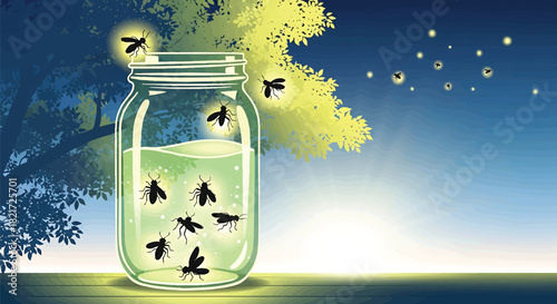 Enchanting Summer Night Illustration of Fireflies Captured in a Glass Jar under Starry Sky and Lush Trees Creating a Magical Ambience