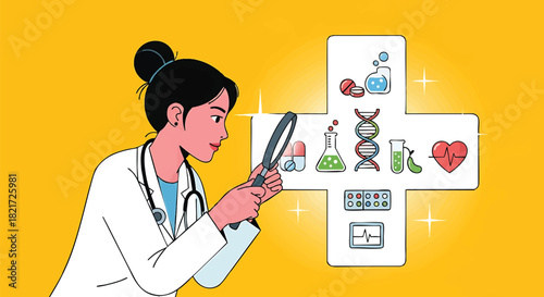 Female Doctor Examining Medical Icons with Magnifying Glass Representing Healthcare Research and Scientific Advancement on a Yellow Background