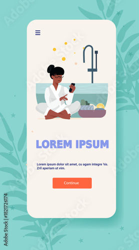Spa relaxation self care wellness woman meditating at home bathrobe glasses holding phone bathtub candles citrus stones modern mobile app screen