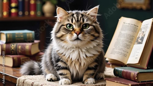 Fluffy tabby cat with green eyes sitting among open and stacked books in a cozy library