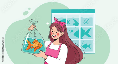 Happy Woman Holding a Bag with a Goldfish Smiling in Front of a Window Display of Fish Silhouettes for a Pet Shop Business Advertisement