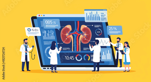 Healthcare professionals analyzing kidney health data on a large computer screen innovative medical technology for patient care and diagnosis in a collaborative environment
