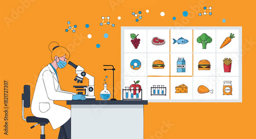 Illustration of Food Science Researcher Analyzing Food Composition with Microscope and Lab Equipment Against an Orange Background with Food Icons and Molecular Structures
