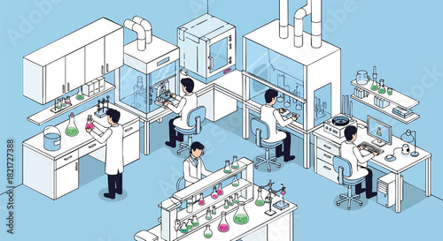 Isometric View of Scientists Working in a Modern Laboratory with Equipment and Flasks Conducting Experiments and Research for Medical or Scientific Advancements