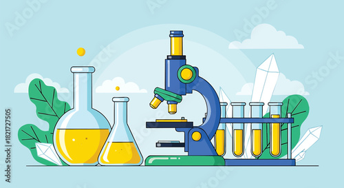 Laboratory equipment background for scientific research and medical experiments with microscope beakers and test tubes creating a visually engaging illustration for science and innovation