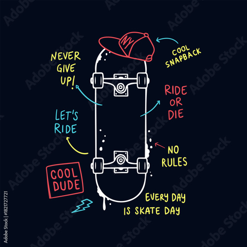 Quirky Hand drawn Skateboard with Snapback and Slogan for Youth Culture