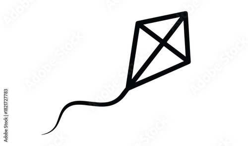 Simple black and white line drawing of a diamond kite with a flowing tail