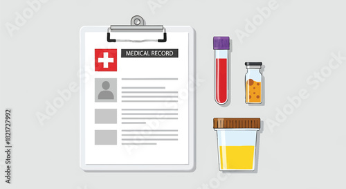 Medical Record Illustration with Blood Urine and Stool Sample Containers for Diagnosis and Analysis in Healthcare Providing Essential Information