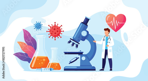 Medical Research and Healthcare Innovation Illustrative Graphic with Doctor and Microscope Analyzing Disease and Potential Cures in Laboratory Setting with Plants