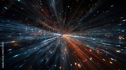 Fototapeta Naklejka Na Ścianę i Meble -  Flying into the galaxy at the speed of light. Colorful glowing space background. Hyperspeed teleportation.