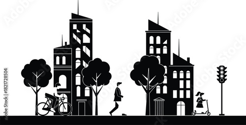 Black silhouette vector of urban street life with buildings, trees, a man running, a girl on a scooter, a bicycle, and a traffic light.