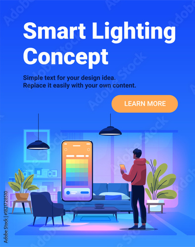 Smart lighting concept home automation control man using smartphone app modern living room colorful ambient lights plants furniture web banner
