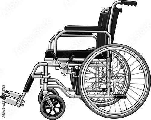 Realistic vector illustration of a manual collapsible wheelchair with metal frame, symbolizing disability, patient care, medical aid, and independent mobility equipment.