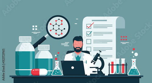 Scientist Analyzing Molecular Structure and Working on Research with Lab Equipment a Depiction of Medical Breakthroughs and Pharmaceutical Development