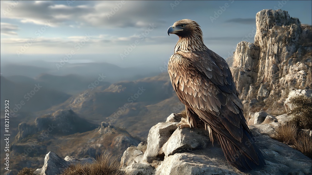 Fototapeta premium Majestic golden eagle perched on rocky mountain ledge overlooking vast landscape with dramatic sky and distant peaks at sunset.