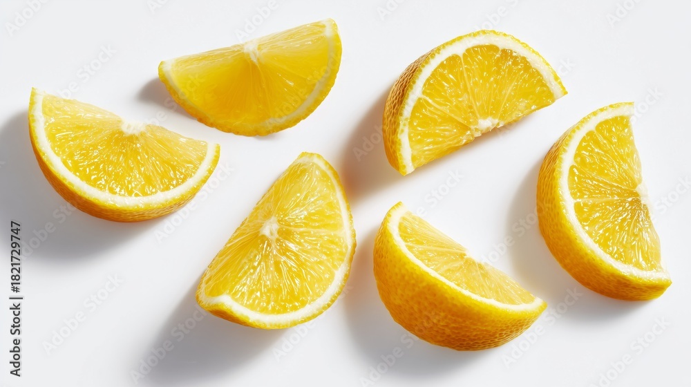 Fototapeta premium photorealistic lemon wedges evenly spaced on clean white background topdown