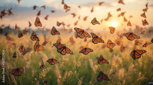 Fototapeta Naklejka Na Ścianę i Meble -  Many monarch butterflies migrating across sunlit meadow at golden sunset symbolizing freedom, hope and global journeys