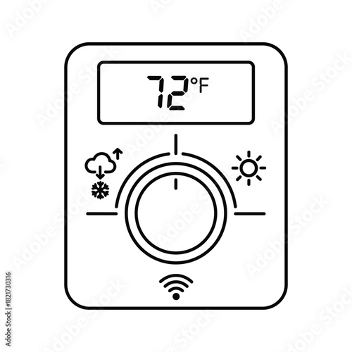 Line art icon of a smart thermostat displaying 72 degrees fahrenheit