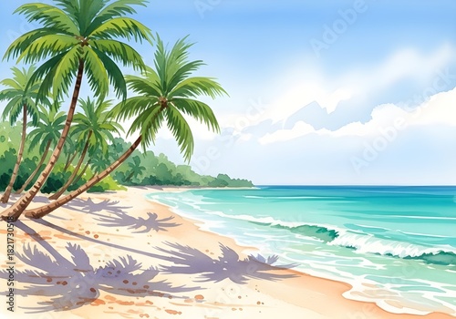 Beach with tropical palm trees and blue ocean
