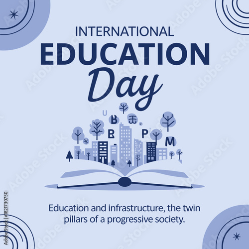 International education day graphic an open book transforms into a city skyline with buildings and trees, symbolizing educations role in progress