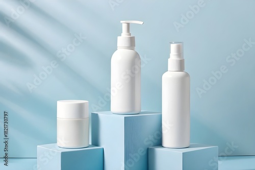 Cosmetic bottles mockup on blue pedestals