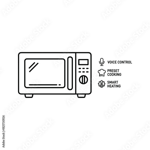 Outline icon of a smart microwave oven with feature labels