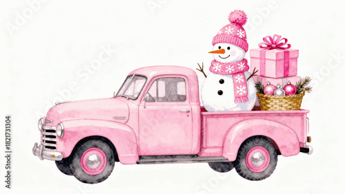 Merry Scene Pink Christmas Pickup isolated watercolor vector illustration svg