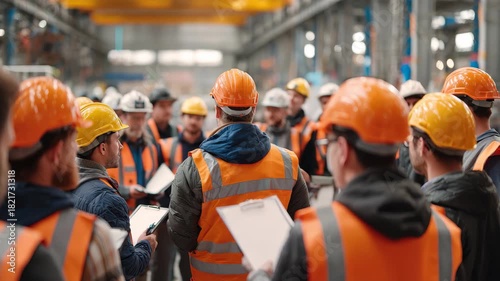 Safety briefing held for employees before starting work activities in a industrial facility in the morning