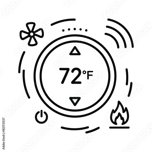 Smart thermostat icon showing 72 degrees with heating and cooling