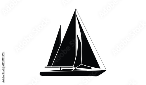 Black silhouette of a modern sailboat with full sails on a white background
