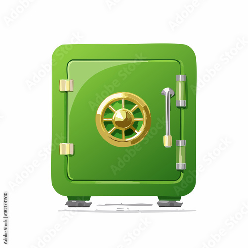Green safe box secures valuable assets in a bank vault, representing financial security and protection of wealth with a cartoonish style.