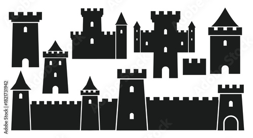 Collection of medieval castle silhouettes for fantasy and historical designs silhouette