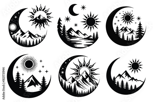 Set of nature icons with celestial elements mountains, sun, moon and forests