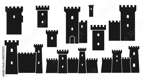 Collection of castle towers and fortification elements silhouette