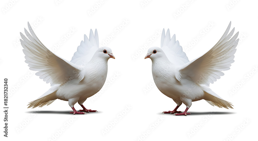 Fototapeta premium Two elegant white doves facing each other with wings spread gracefully
