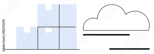 Blue geometric castle shapes paired with an outlined stylized cloud. Ideal for architecture, creativity, simplicity, design, dreams, construction, and abstract concepts. Clean flat metaphor