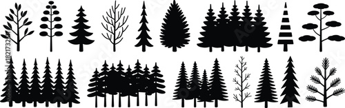 Collection of varied tree and forest silhouettes, including stylized pines and deciduous trees, black vector icons for nature and holiday designs,