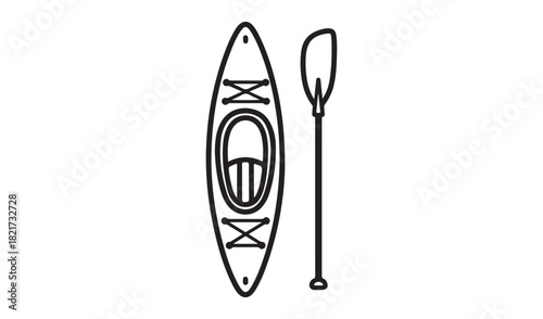 Simple line drawing of a kayak and paddle on a white background