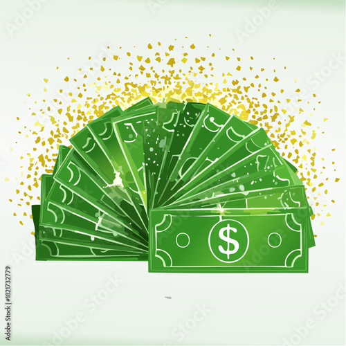 Stack of green paper money fanned out against a white backdrop with golden glitter, representing wealth and financial success in a celebratory theme.
