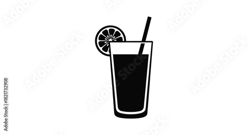 Refreshing drink with straw and citrus slice in black silhouette